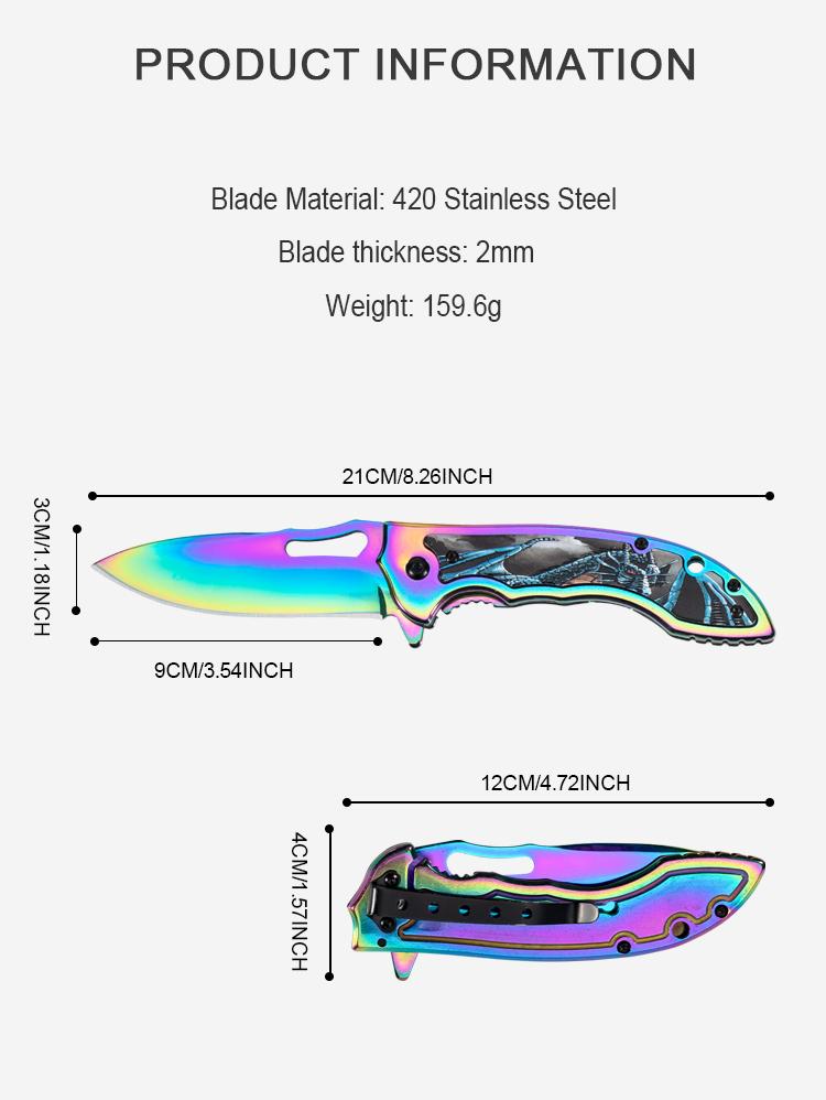 Portable EDC multifunctional tactical outdoor colorful folding knife and pocket knife. All-steel construction with a quick-opening design; outdoor cutting tool designed specifically for climbing and fishing; an essential item for camping and hiking.