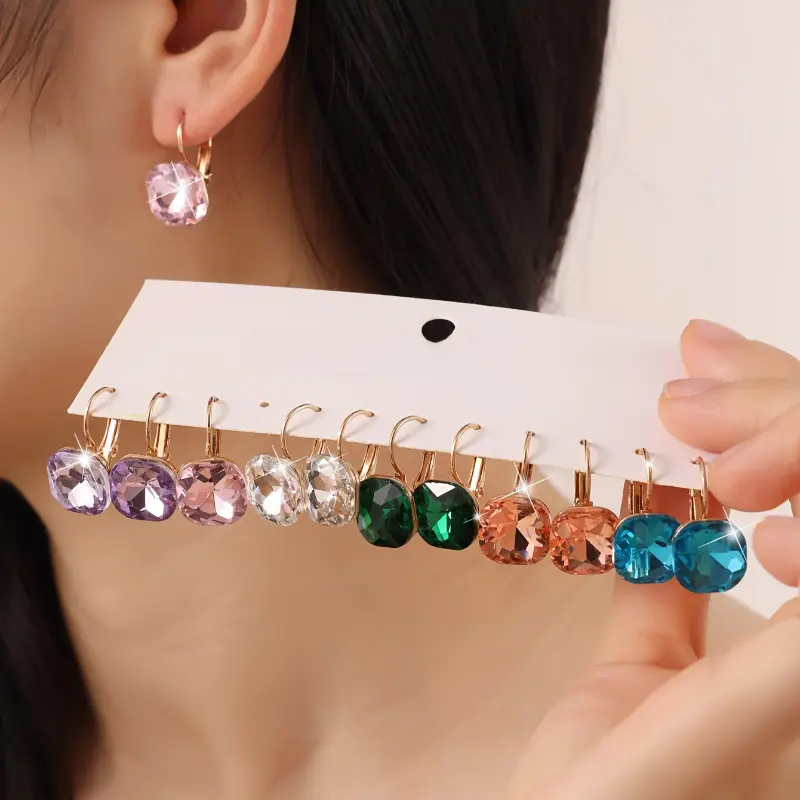 A set of 6 pairs of women's pendant earrings, zinc alloy inlaid with artificial crystal earrings set, transparent material, simple style, suitable for women's daily wear, attending parties, gatherings, birthday celebrations or as gift for your mom and gf