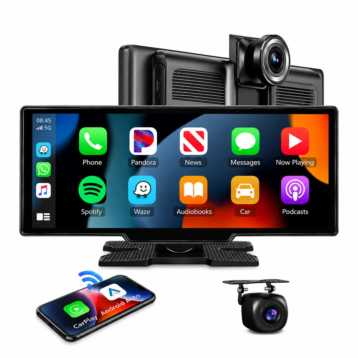 10.26" Wireless CarPlay Screen with 4K Dash Cam, 1080P Rear Camera, Android Auto, GPS Navigation, Voice Control, Siri, Mirror Link, AUX & F