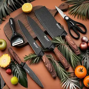 6-Piece Kitchen Knife Set, Stainless Steel Dishwasher-Safe Knives with Ergonomic Wood Handle - Chef Knife, Cleaver, Paring Knife, Scissors for Cutting Frozen Meat, Boneless, Lifetime Sharp