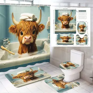 1/4pcs Scottish Highland Cow Cartoon Shower Curtain Set - Cute Cow in Bathtub with Towel, Blue Tiled Bathroom, Yellow Toothbrush, St Patrick's Day Decor, Ideal for Kids Adults, Farmhouse Bath Mat & Toilet Cover, Bathroom Decoration Accessories