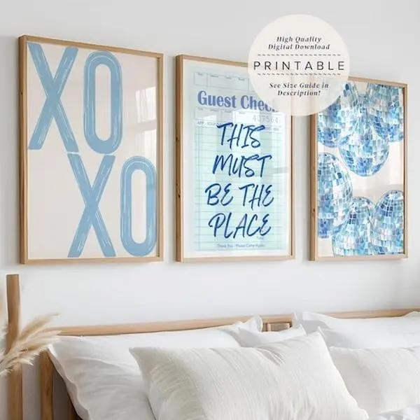 Set of 3 posters Light Blue Prints, Aesthetic Trendy Dorm Wall Art, Disco Ball Wall Art, Guest Check Poster, Trendy Blue Wall Art, Blue Dorm