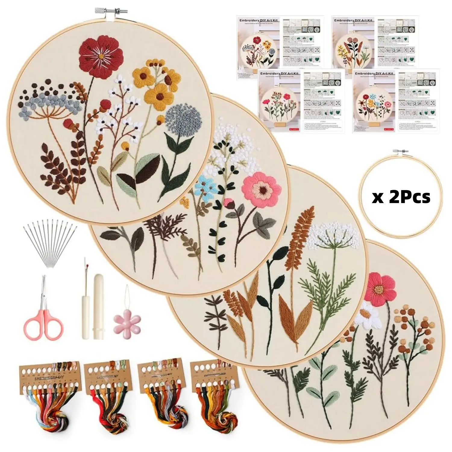 Beginner-Friendly Embroidery Kit (4Pcs Cotton) - 12''x12'' & 7.8''x7.8'' Wooden Hoops, Water-Soluble Floral Patterns, Scissors, Threads, Needles, Instructions, Easy Operation, Bedroom Home Improvement Wall Decor Supply