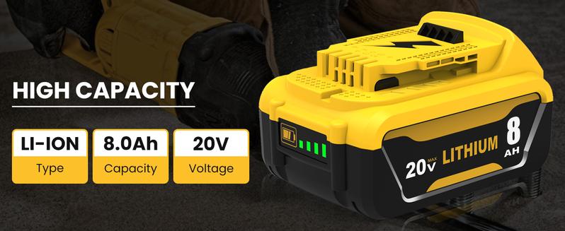 2Pack 8.0Ah Replacement Battery for Dewalt 20V Max Lithium-ion Series Cordless Tools Yellow Safety Tested & Compatible with XR DCB200/DCB201/DCB203/DCB204/DCB205/DCB206/DCB207 & DCD/DCF/DCG