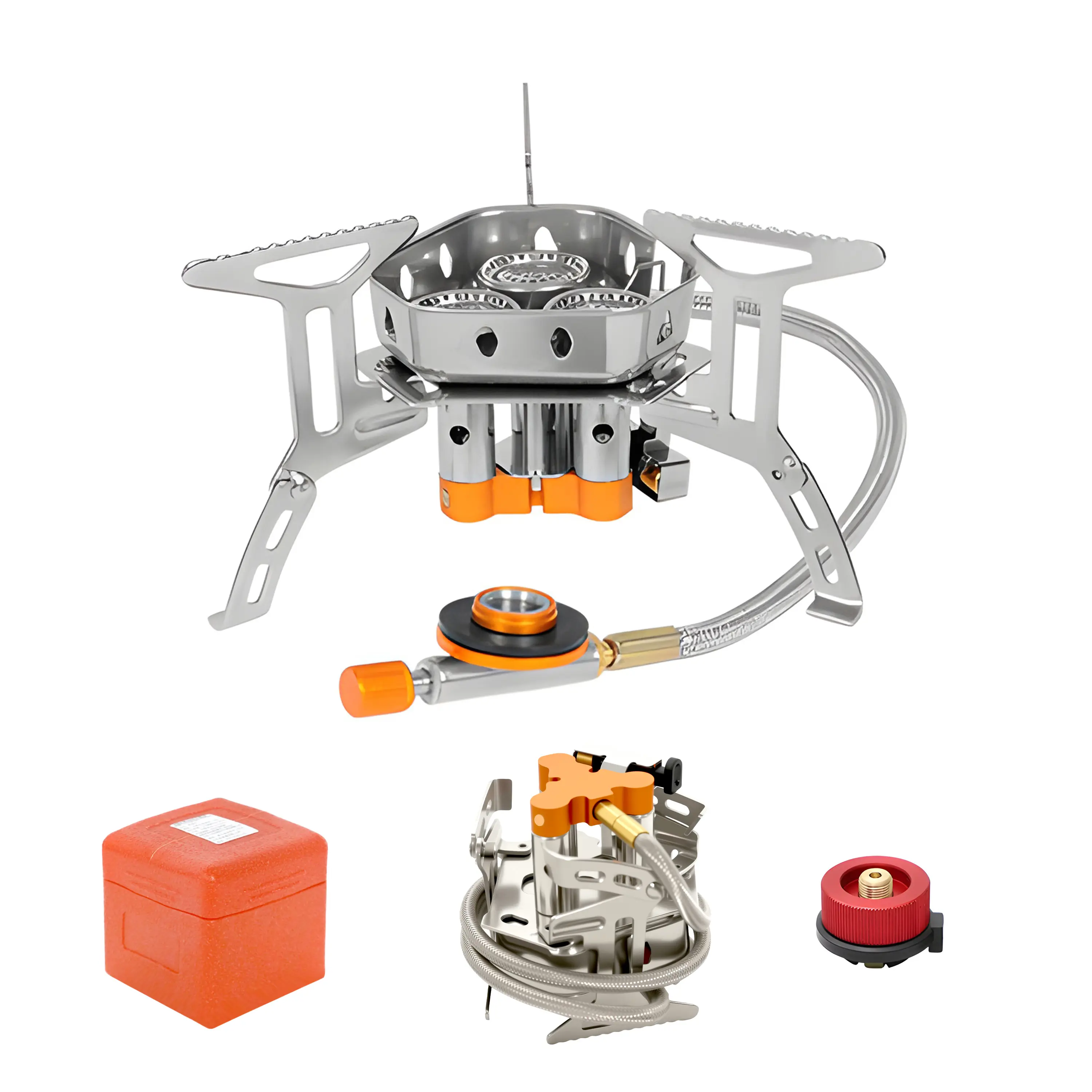 TGpao Portable Folding Gas Stove 3 Min Fast Boil, Electronic Ignition Triple Burner with Red Adapter for Outdoor Camping Cookware (Single three-core burner + conversion head (red))