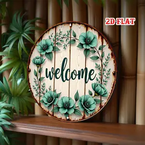1pc Vintage Welcome Sign - Dark Green Teal Floral Wreath & Welcome Cursive Lettering on Rustic Turquoise Blue-Green Aged White Wood-Like Aluminum Metal Wall Art - Round Door Hanger for Home, Cafe, Garage, Porch Entryway Decor, 2D Flat