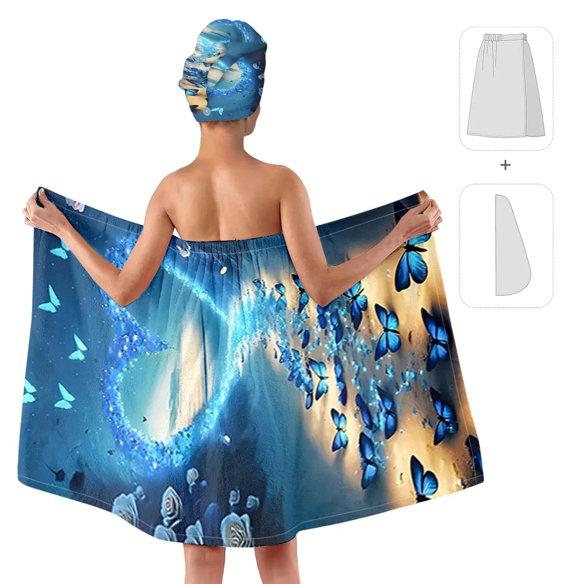 Blue Butterfly Dream Quick-Dry Hair Towel Set, Soft Polyester Bathrobe & Head Wrap, Ideal for Women, Spa & Pool Use, Travel Essential Gift
