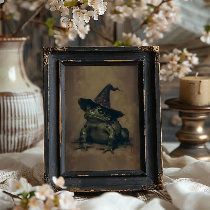 Vintage Witch Toad Print, Gothic Halloween Printt, Dark Academia Wall Ar, Spooky Victorian Ugly Frog Witch poster, vintage creepy goth wall art, Dark Gothic Decor for Home Library, Unframed