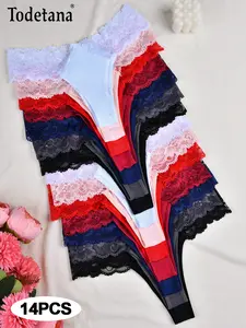 Todetana 14pcs Women's Solid Color Lace Trim Thong, Casual Soft Comfy Breathable Panty for Daily Wear, Comfortable Knicker, Women's Underwear for All Seasons