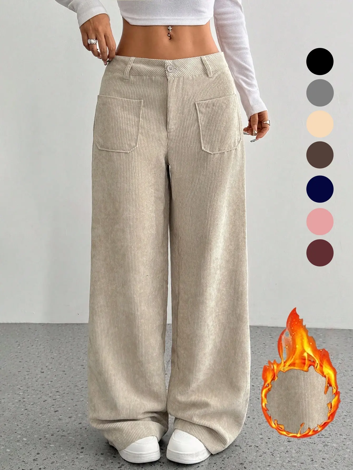Women's Corduroy Pants, Casual High Waisted Trousers with Button, Loose Wide Leg Baggy Fit for Holiday Fashion, 7-Color Options, All Seasons, Cute, Elegant, Loose Fit Style, Striped