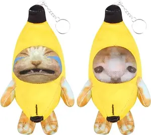 Sound Making Banana Cat Keychain 6.5 x 3.9 x 3 Inch Happy Funny Crying Banana Cat Plush Keychain Soft Cat Stuffed Animal Christmas Birthday Gifts Cute Charm