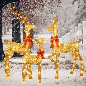 Lighted Christmas Decoration Deer 3 Piece,  Light up Christmas Decor Reindeer Family Set for Indoor Outdoor Front Yard Porch with LED Lights, Plug, Ground Stakes - Golden Christmas Outdoor Lighting Decoration Ornaments