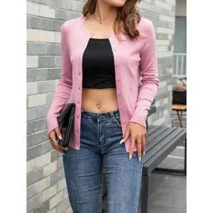 Pink Long Sleeve Knitwear Sweater-Style Jacket for Women Casual Round Neck Regular Fit Dusty Pink Tops with Buttons and Rib-Knit Pattern