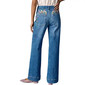 Flamingals Floral Embroidery Patched Pocket High Waist Straight Leg Jeans Summer Vibes Stretchy 30.7 Inseam