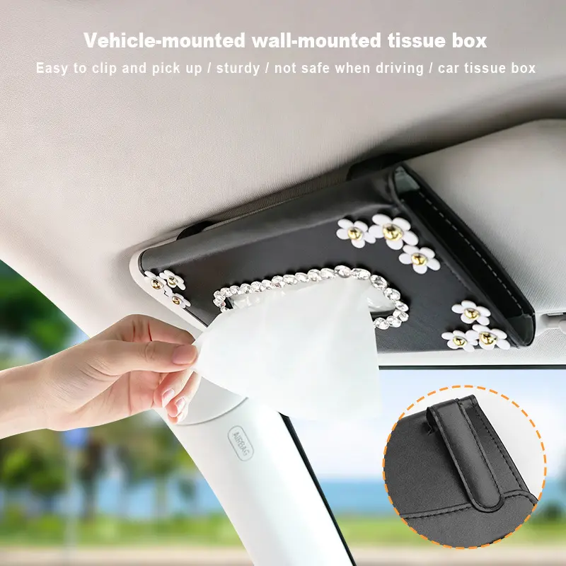 Trendy Car Sun Visor Tissue Holder, 23*12cm Bling Rhinestone Crystal-Inlaid Black Leather Hanging Napkin Box, Universal Fit Women's Car Interior Stowing & Tidying Accessory, US Auto Fast Shipping Limited Stock