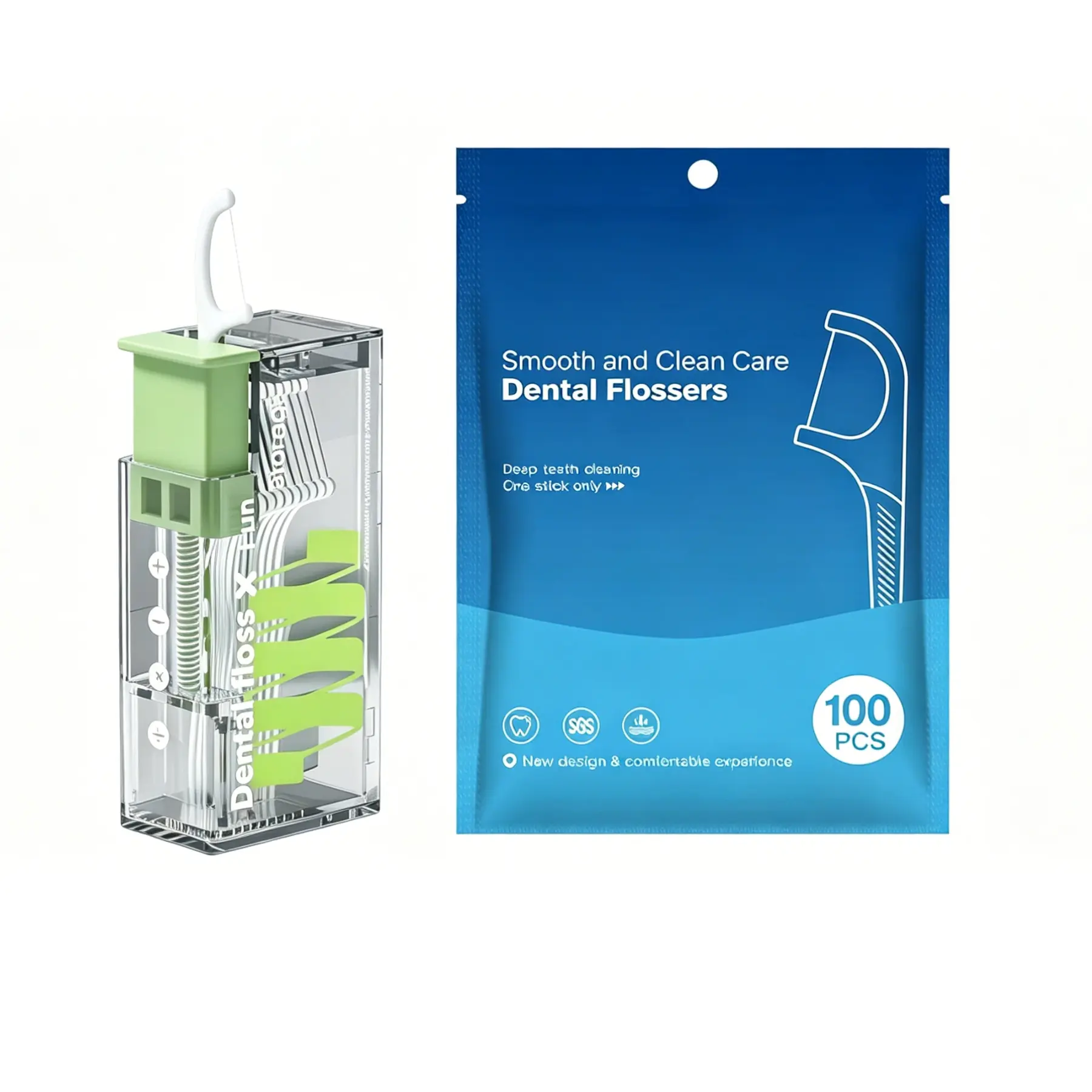 POP-UP Floss Pick Dispenser Set with 10 Dental Floss Picks, Refillable Travel Floss Container & Toothpick Holder, Portable Floss Sticks Kit for Adults