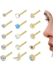 14K Gold Plated Nose Rings Studs 15Pcs 20G Surgical Stainless Steel L Shaped Nose Studs Genuine Opal CZ Nose Piercing Jewelry Body Piercing Jewelry for Women Men