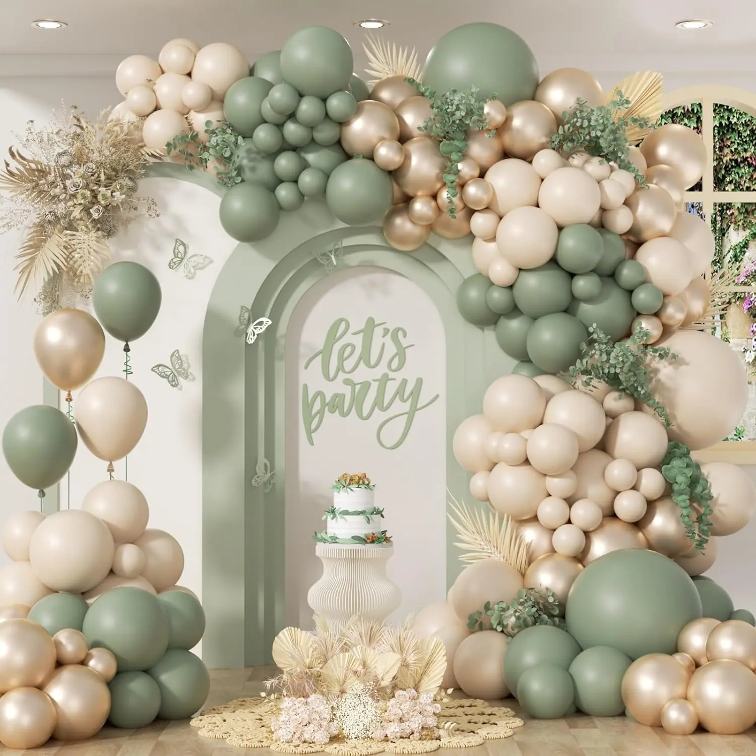 130Pcs Sage Green Balloon Garland Arch Kit - Sage Green, Sand White, Metallic Gold Pieces for Wedding, Birthday Decor (Home & Festive Party Supplies, Balloon Decor)