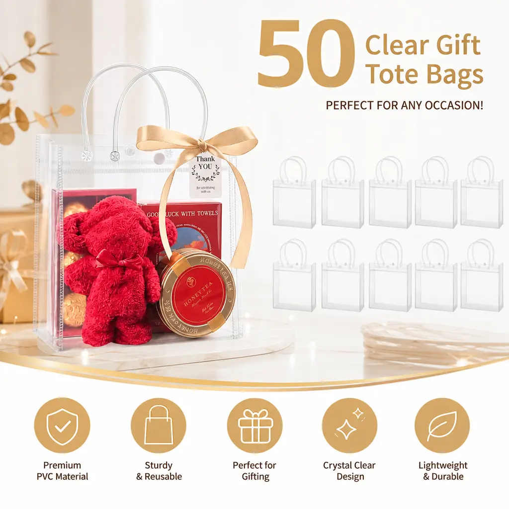 50 Pack Clear Plastic Party Favor Bags – Heavy Duty Handles, Ribbons & Tags Included, 5.9x7.9x2.8 Inch – Reusable Goodie Bags for Wedding, Graduation, Baby Shower, Candy, Small Gifts