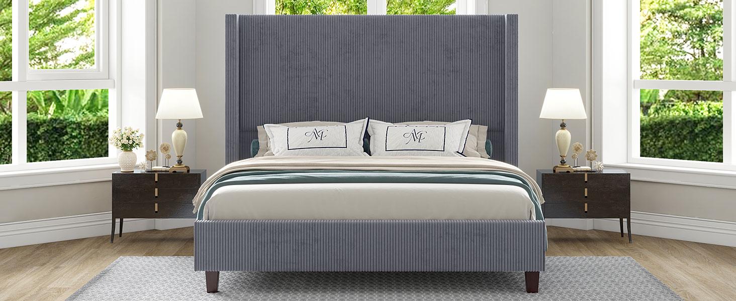 AMERLIFE 61" Corduroy Upholstered Bed Frame, Platform Bed with Vertical Stripe Wingback Headboard, No Box Spring Needed/Unique Bedroom Furniture