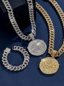 2pcs Iced Out Cuban Link Chain & Bracelet Set with Bling Round Pendant | Hip Hop Jewelry for Men Women Elegant Jewelry Set Trendy Jewelry Set Fashion Jewelry Set