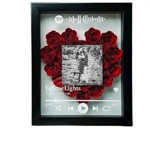 Personalized Paper Flower Frame Music Display with Red Roses and Custom Spotify Playlist Art
