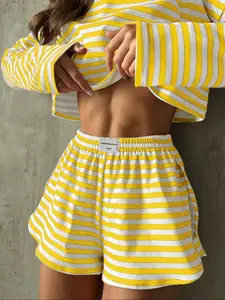 Women's Fashion Striped Long Sleeve Side Split Shorts Set, Autumn Winter Casual, Everyday Youthful Style, New Print Design，co-ord sets for women，loungewear set，winter co ord set，Pj sets for women，lounge set for women, Casual Matching Set