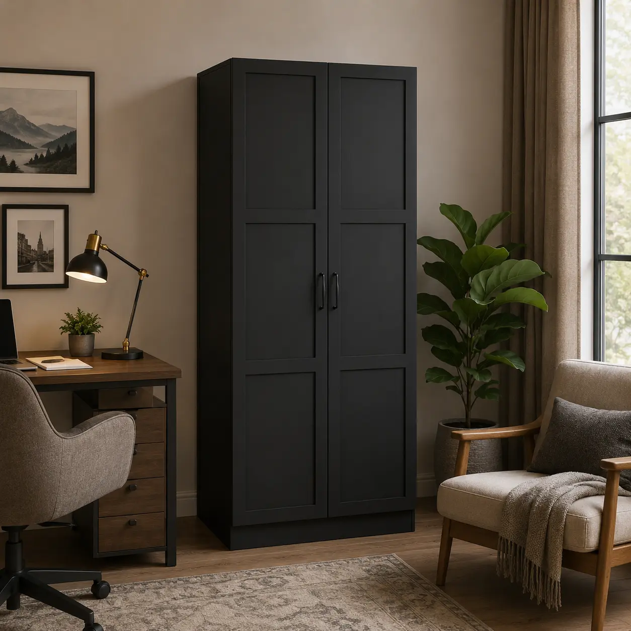 2-Door Wooden Freestanding Vertical Wardrobe - Modern Contemporary Compartmentalized Storage Cabinet with Adjustable Shelves, Hanging Rods for Bedrooms, Living Rooms, Two Doors