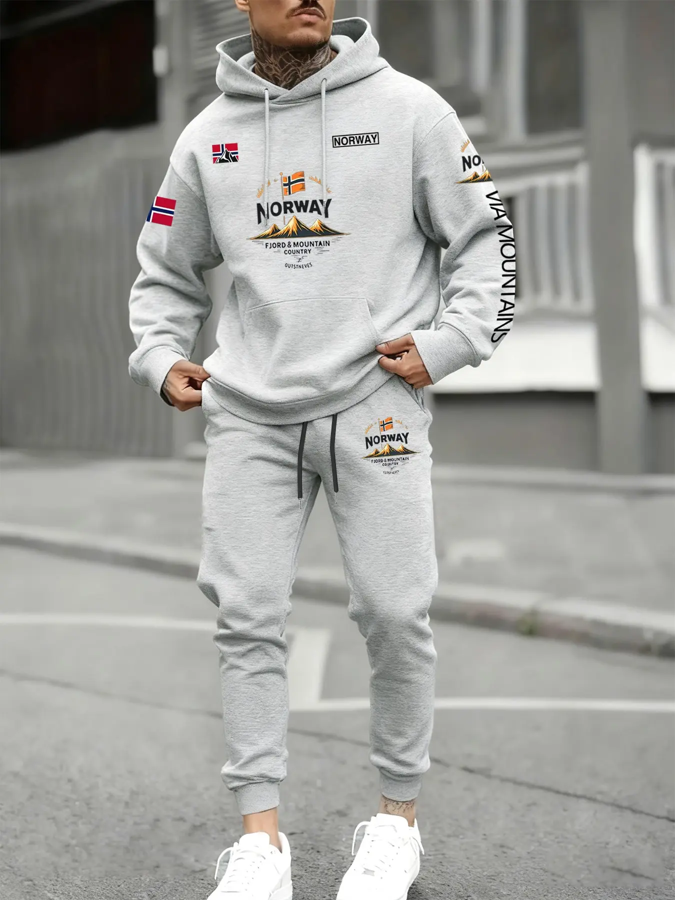 Men's Casual Norway Fjord Theme Set, Comfortable Long Sleeve Top with Flag Print, Elastic Waist Drawstring Pants for Fall & Winter