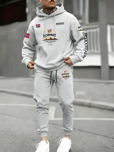 Men's Casual Norway Fjord Theme Set, Comfortable Long Sleeve Top with Flag Print, Elastic Waist Drawstring Pants for Fall & Winter