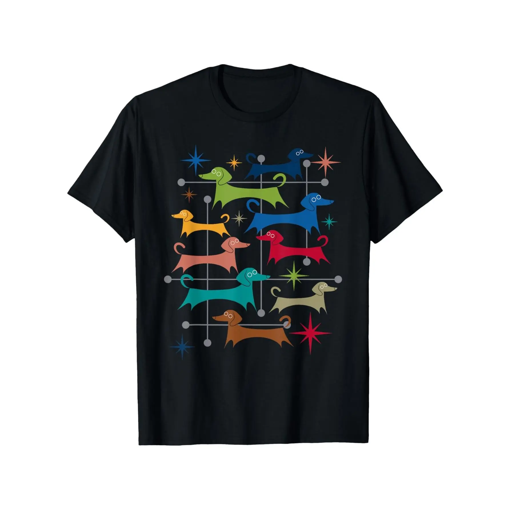 Unisex Dachshund Graphic Prints T-Shirt - Vintage Retro Mid-Century Modern Style, Round Neck, Short-Sleeve, 100% Cotton, Slightly Elastic, Casual Outdoor Menswear Summer Top, Shortsleeve