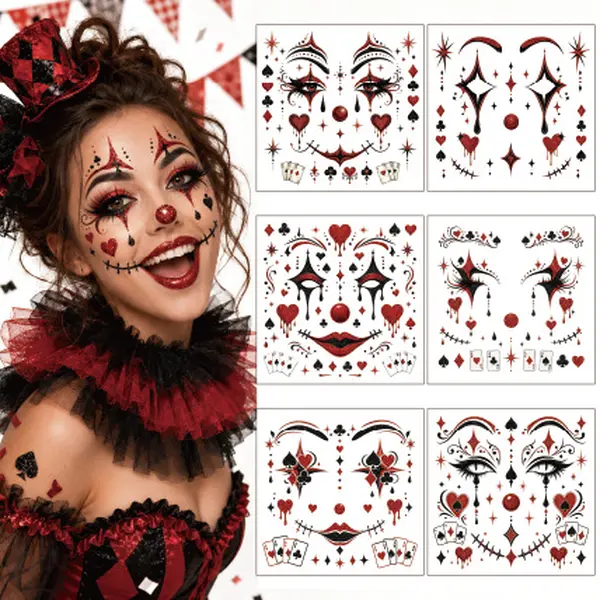 September Laurel Halloween Clown Face Tattoo Stickers for Women, Temporary Joker Makeup Face Decals, Red Purple Blue Eye Lip & Star Designs, Spooky Carnival Cosplay Party Costume Accessories