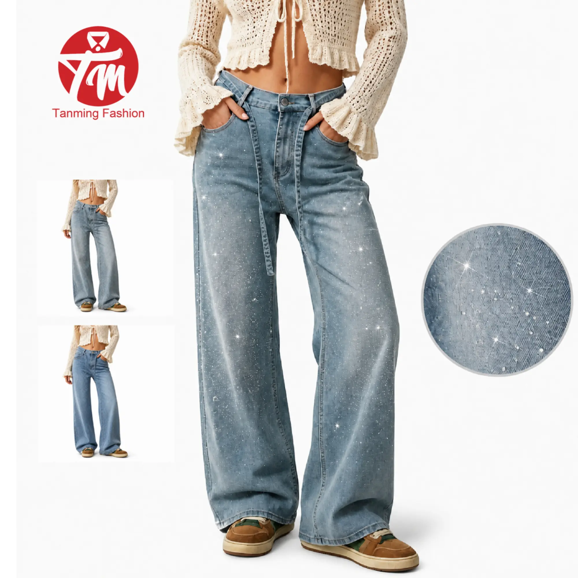 Tanming Womens Rhinestone Wide Leg Jeans High Waisted Baggy Sparkly Denim Pants Y2K Loose Fit Streetwear Trousers