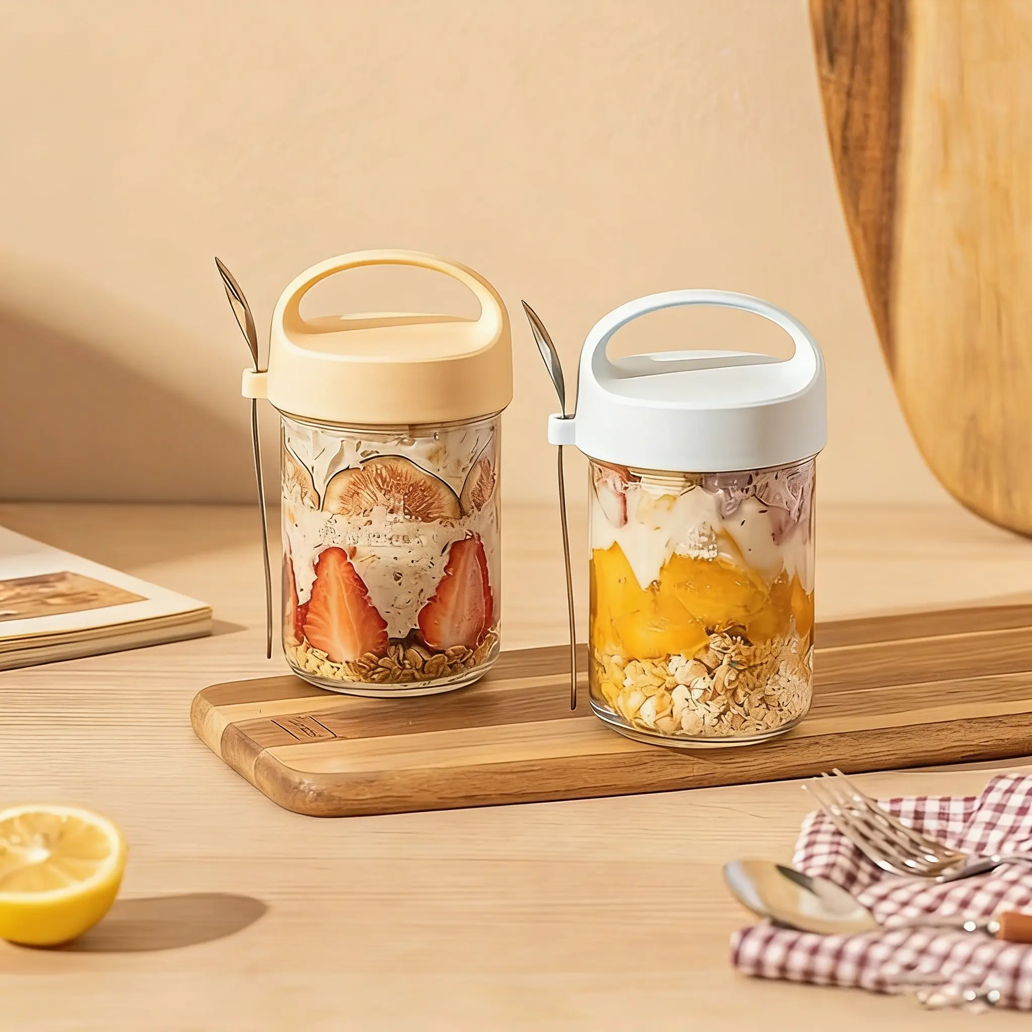 2 Pack Glass Overnight Oats Cups with Lids and Spoon Airtight Kitchen Storage Food Large Mouth Yogurt Jars Breakfast Containers for Oatmeal Smoothie Cereal Healthy Eating Containers