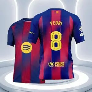 25 26 Home Red And Blue 8# Pedri Short Sleeve Soccer Jersey Fans Version