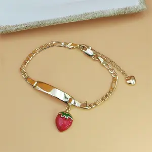 14K Gold Plated Cute Strawberry Charm Bracelet for Kids & Little Girls, Sweet Curved Blank Tag Design Chain, Trendy Spring New Arrival Fashion Jewelry, Dainty Lightweight Gift for Children Daily Wear & Holiday Presents,summervibes