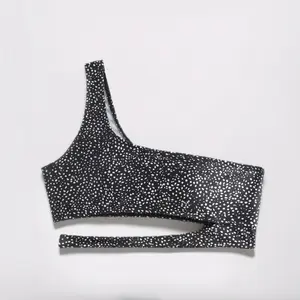 Black White Polka Dot One-Shoulder Cutout Bikini Top