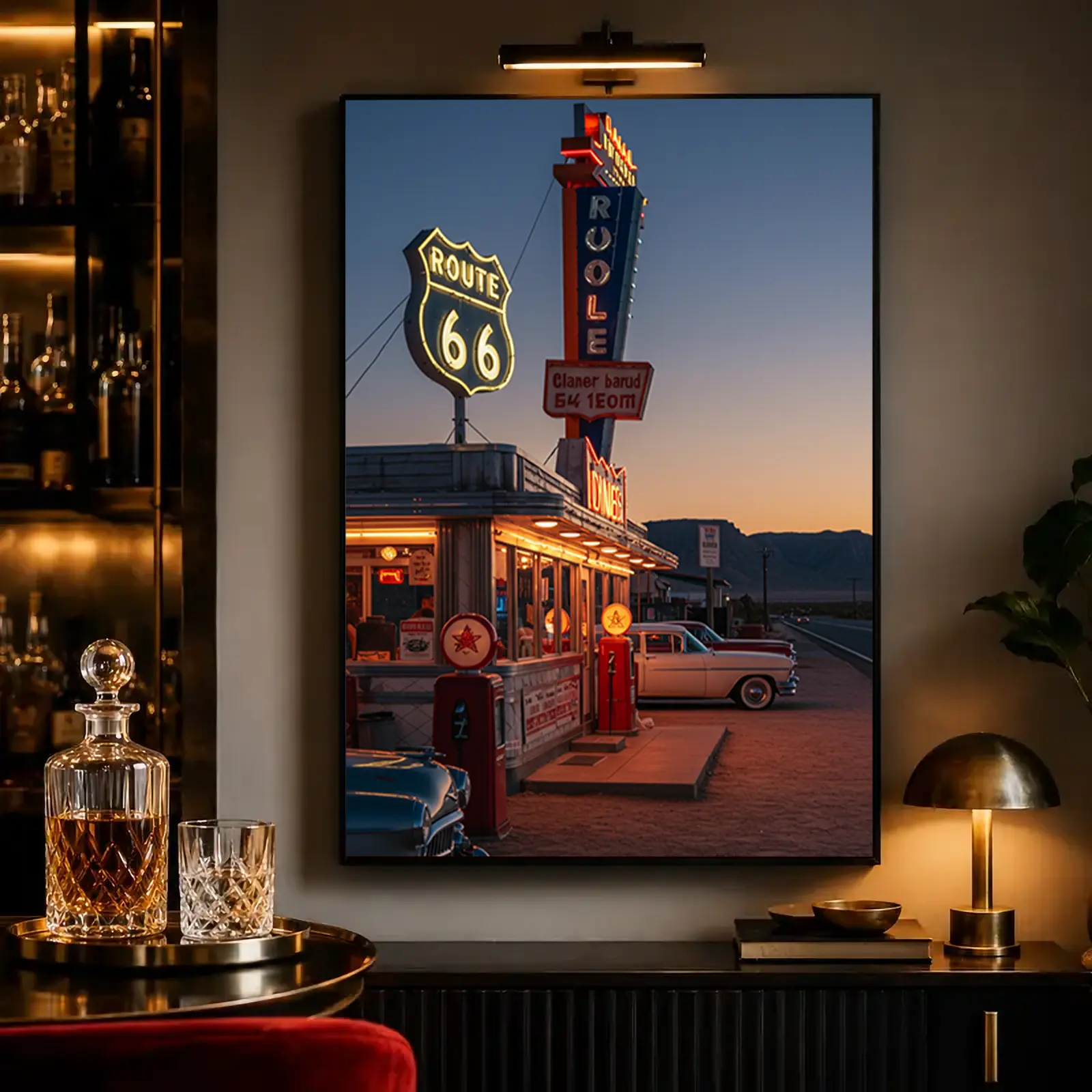 2D flat print canvas wall art gift; Route 66 desert diner neon retro classic car landscape poster wall decoration ornament; vintage American wall art decor for garage, bar, man cave, and retro home walls