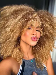 Curly Wigs for Black Women 16 Inch Afro Bomb Curly Wig with Bangs Big Bouncy Fluffy Synthetic Glueless Long Kinky Curly Hair for Cosplay and Daily Party