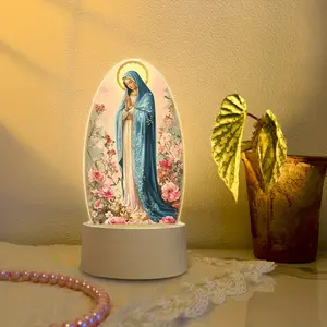 USB Powered Mary Portrait LED Light, Vibrant Virgin Mary with Floral Design, Perfect for Prayer, Meditation, Home Worship, Religious Gift