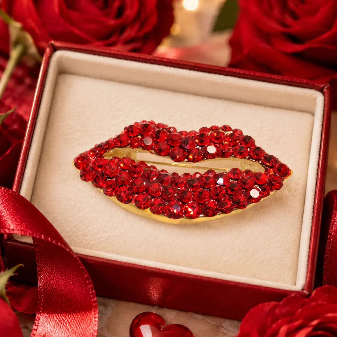 Ruby Red Lips Brooch Pin with Pave Set Austrian Crystals, Glamorous Gold-Plated Fashion Jewelry for Women, Wonderful Gift with Box