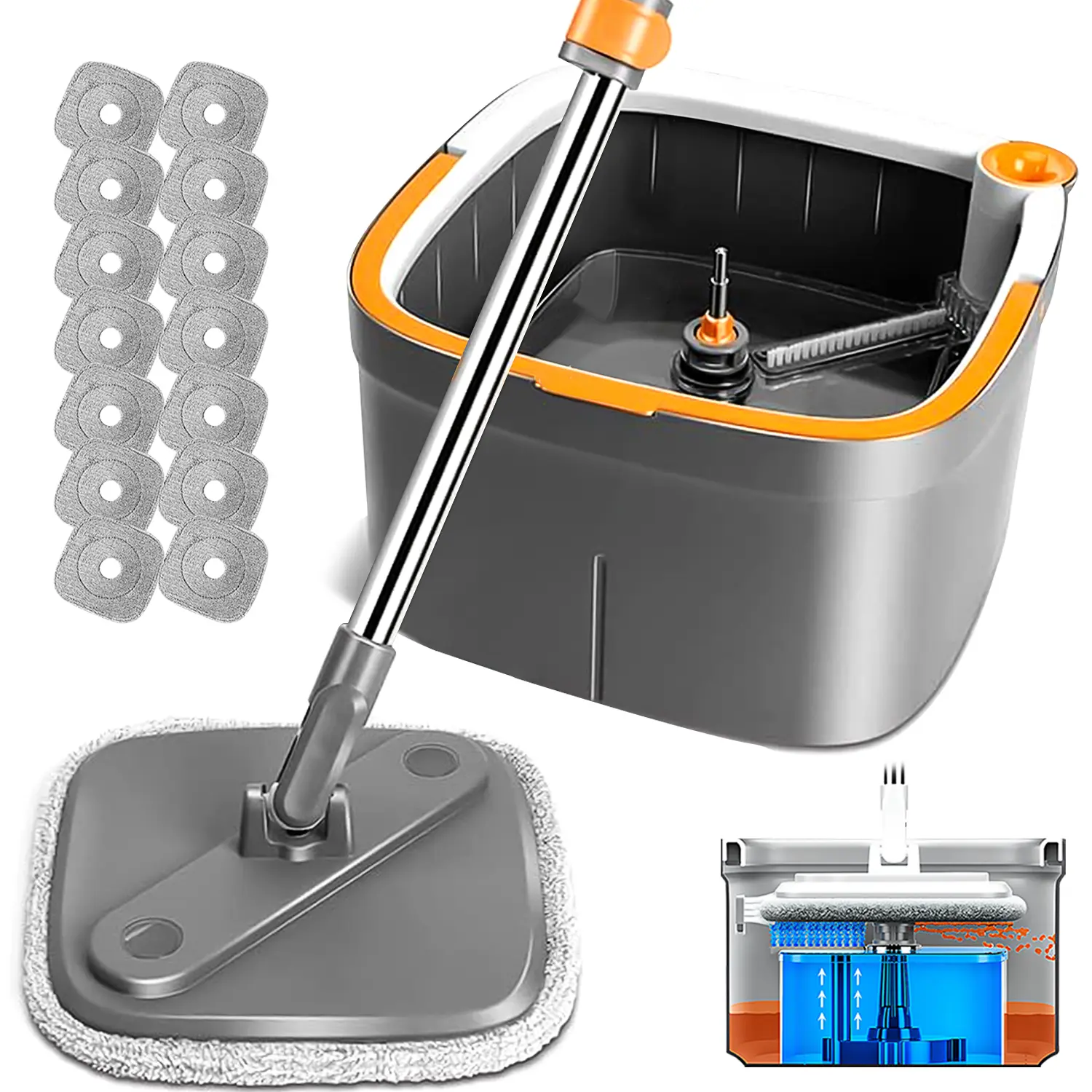 Dark Gray Spin Mop Bucket with 14Pads