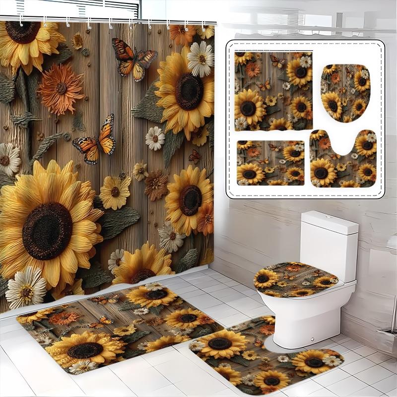 Creative Sunflower & Butterfly Garden Shower Curtain Set, Waterproof Polyester, Includes Hooks, Toilet Lid Cover, Mat, Ideal Gift