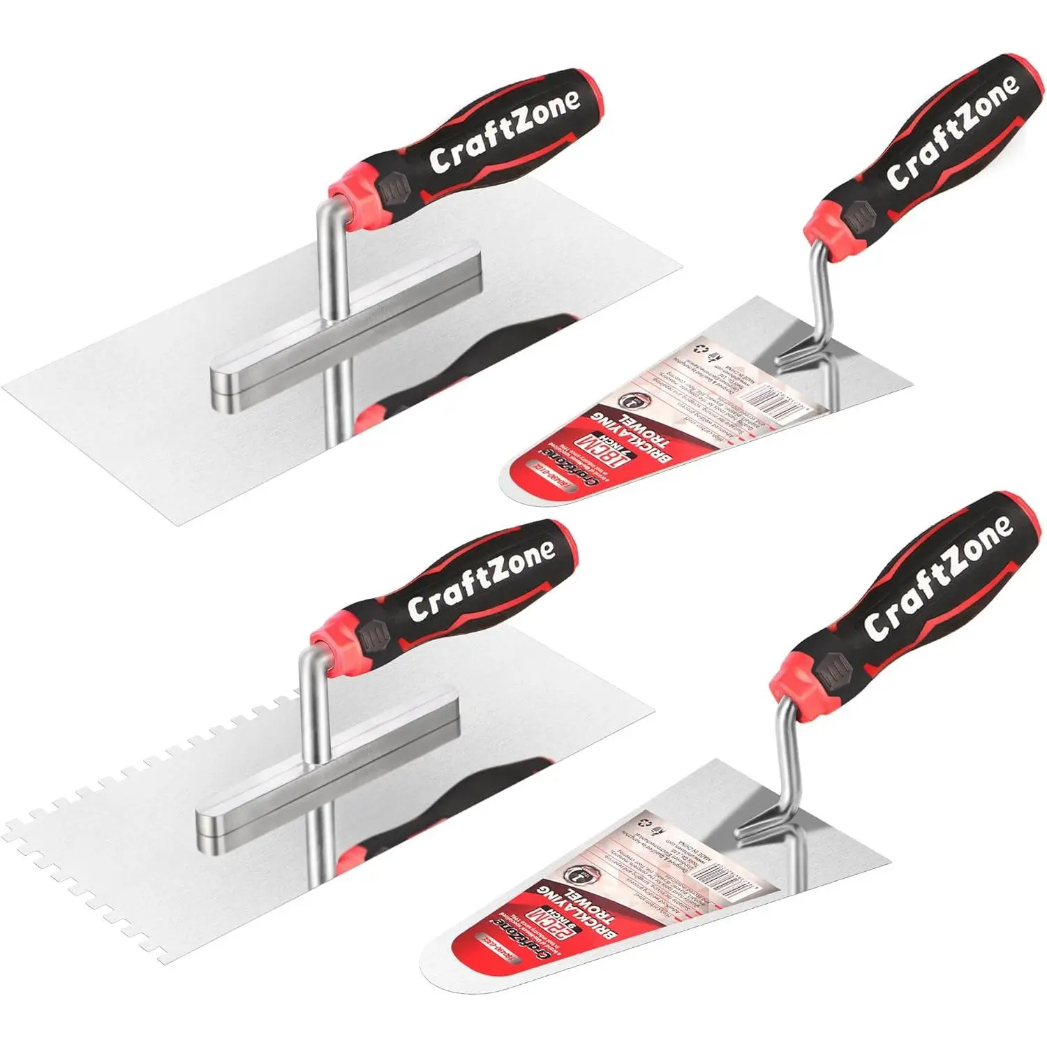 4 Pieces Concrete & Trowel Masonry Set - High Carbon Steel Plastering | Bricklaying Tools for Drywall Asphalt - Includes Flat & Notched Trowels & 7"/9" Brick Trowels with Soft Grip Handle