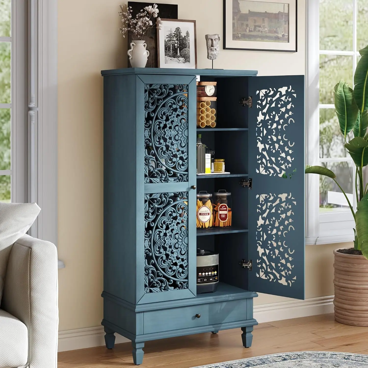 Accent Cabinet with 2 Doors, Farmhouse Carved Sideboard Buffet with Drawer and Solid Wood Legs, 55" Tall Storage Cabinet for Living Room Hallway Dining Room, Antique Blue