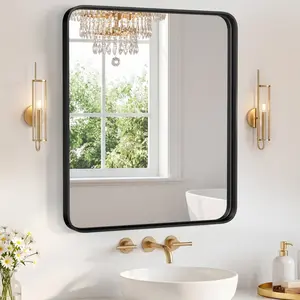 Bathroom Mirror for Over Sink 28x32 Inch, Wall Rounded Rectangle Mirror with 5mm Tempered Glass, Matte Metal Framed Modern Vanity Mirror for Home Decor