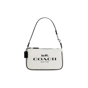 COACH Nolita 19 Classic Monogram Zip Top Handle Bag for Women, Canvas and Smooth Leather, Black and White