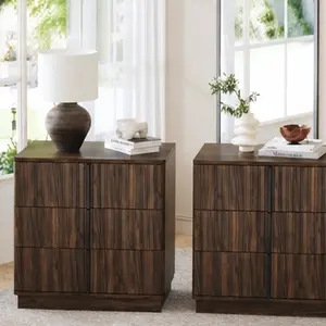25.39" Vertical Stripe Vintage 3 Drawer Nightstand Set of 2, Retro Bedside Table with Storage, Walnut Finish Nightstand for Bedroom, Living Room, Home Office, Compact End Table, Coffee Table Alternative, Bedroom Bedside Table for Bedroom