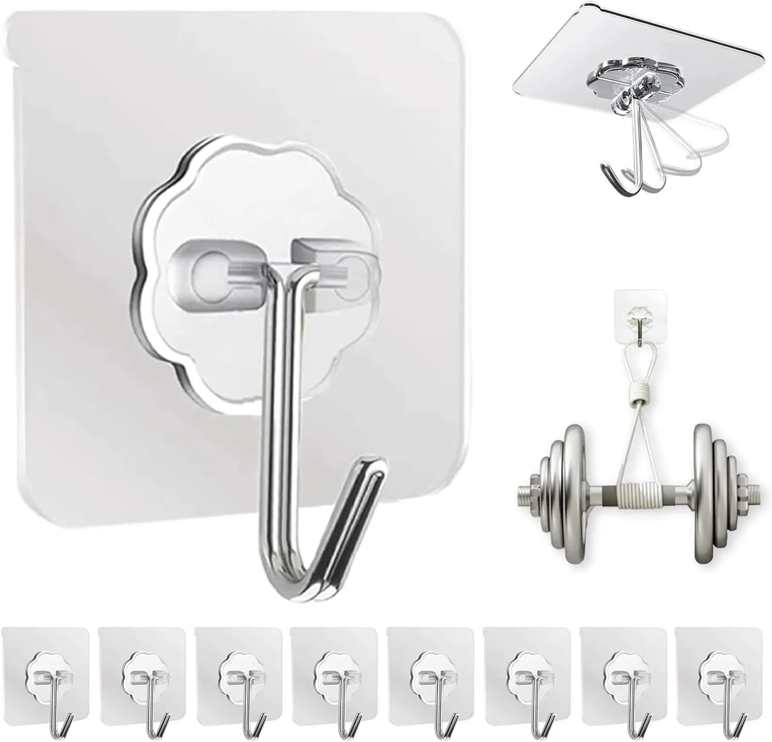 Adhesive Wall Hooks Clear 50lb(Max) Heavy Duty Hanging Sticky-10 Pack Heavy Duty Hooks for Walls Hanging 50 lbs No Damage, Waterproof Sticky Transparent Ceiling Hook for Towel/Kitchen/Outdoor