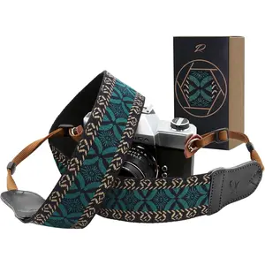 SQ-CLC005 Mystic Green Embroidered Camera Strap - Double Layer Cowhide Ends,2" Cotton Vintage Camera Straps, Adjustable Neck & Shoulder Strap for All DSLR Cameras,Great Gift for Photographers